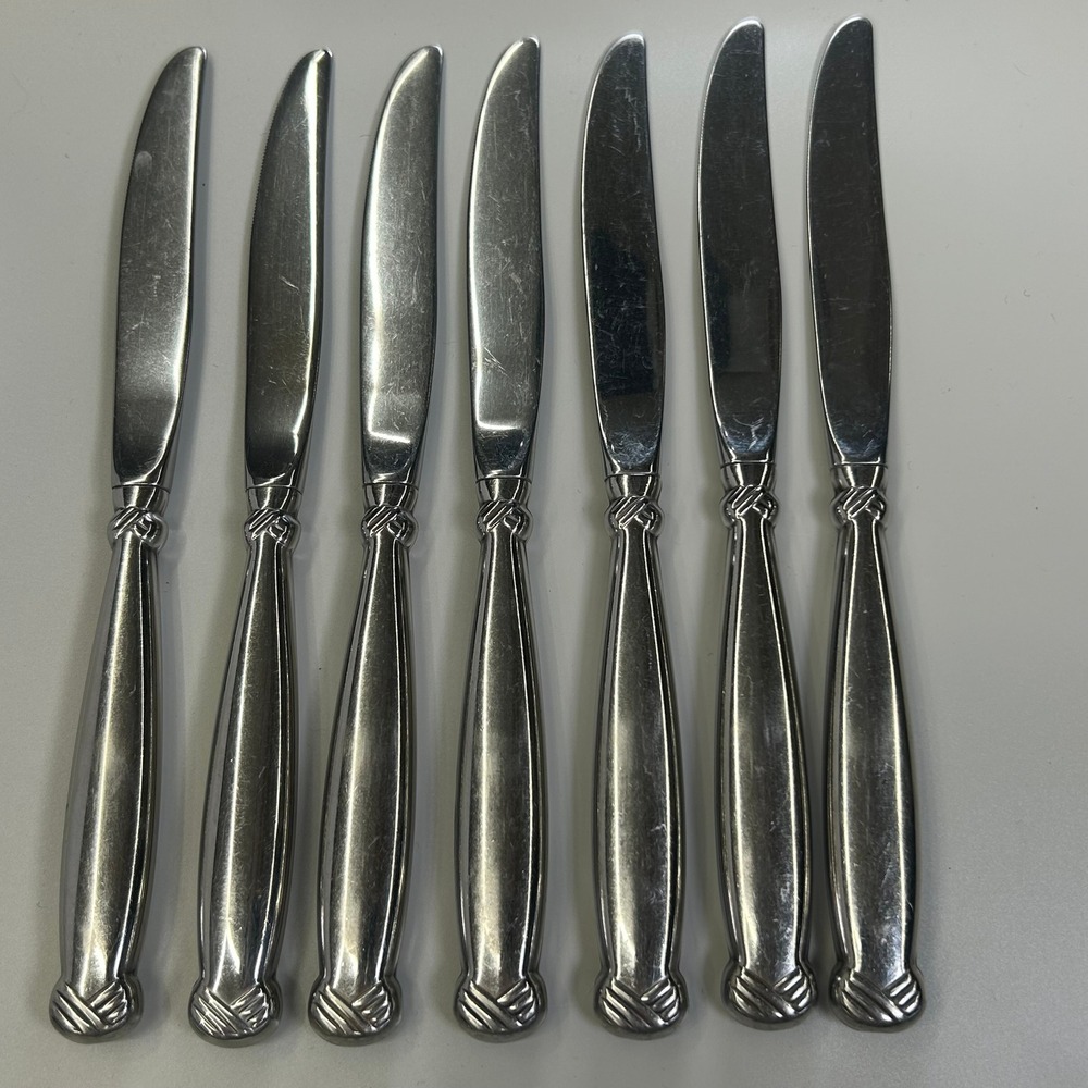 Oneida Rattan Dinner Knives Set of 7 9" Silver Stainless Woven Lattice Flatware